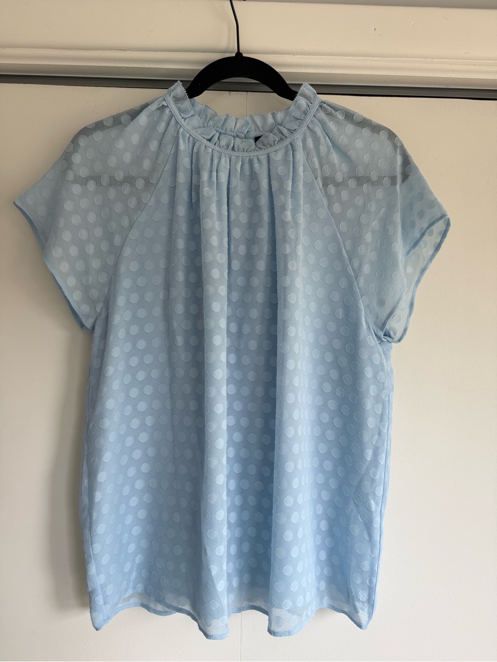 Ann Taylor NWT Blue Polka Dot Ruffle Neck Blouse Size M